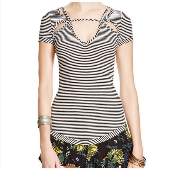 NWOT free people Striped ribbed v neck tee - Picture 2 of 3